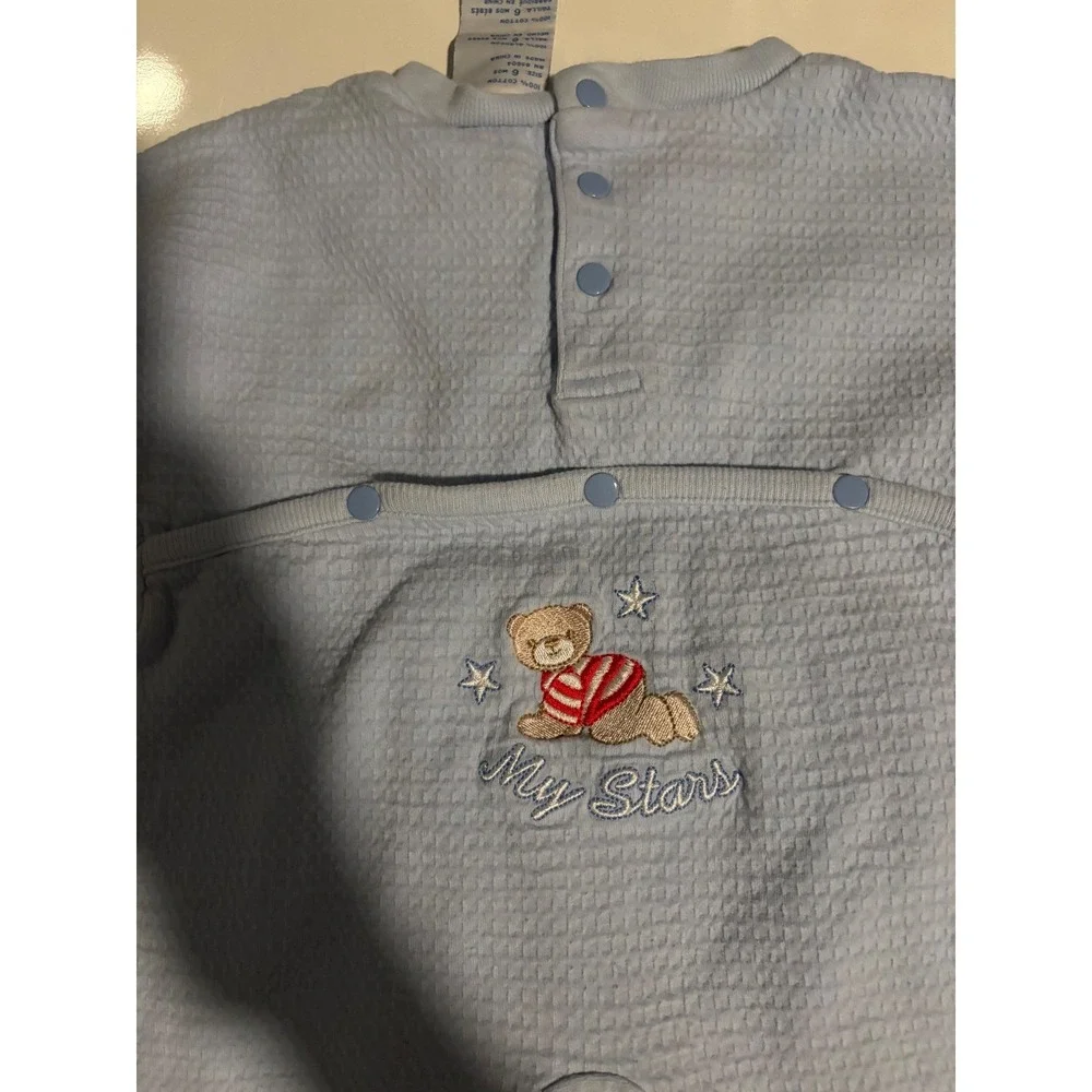 My Stars Baby Blue Quilted Footie Pajamas Sleepers Teddy Bear‎ Stars 6 Months